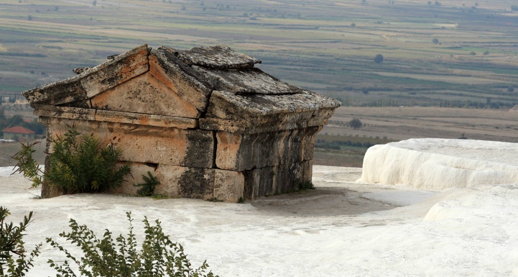 Mausoleum submerged in a travertine pool at Hierapolis hot springs, Turkey.