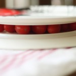 Cherry tomatoes between plates.