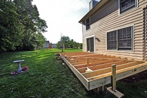 Constructing the framing for a new TimberTech Earthwood Evolutions Terrain deck.